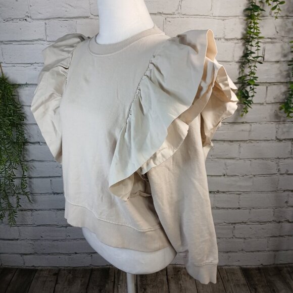 ZARA WOMENS FRILLED RUFFLE SWEATSHIRT, SIZE SMALL, CREAM COLOR, CROPPED - Picture 2 of 9